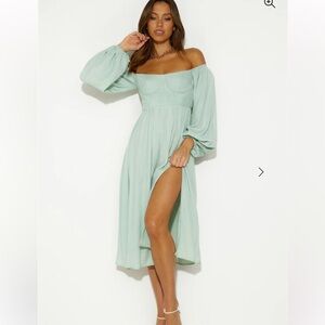 NWT Hello Molly Want To Dance Sage Green Long Sleeve Off Shoulder Midi Dress 6 M